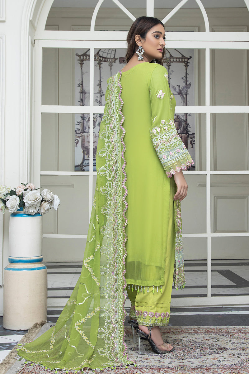 3PC EMBROIDERY CHIFFON SUIT - PARROT GREEN