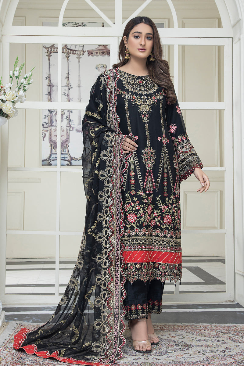 3PC EMBROIDERY CHIFFON SUIT - BLACK