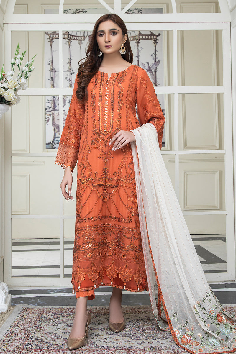 3PC EMBROIDERY CHIFFON SUIT - RUST ORANGE