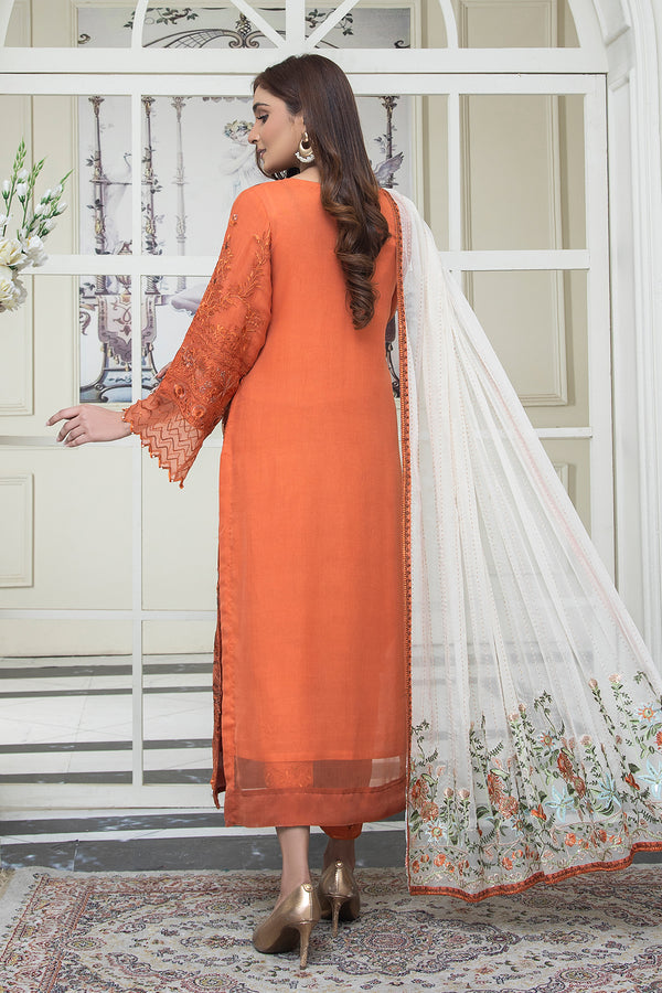 3PC EMBROIDERY CHIFFON SUIT - RUST ORANGE