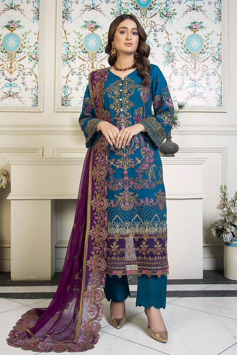 3PC EMBROIDERY CHIFFON SUIT - TEAL