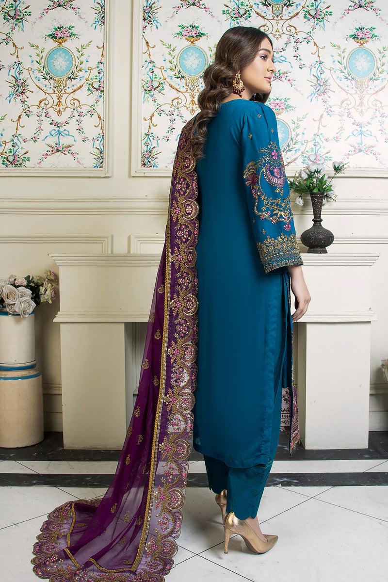 3PC EMBROIDERY CHIFFON SUIT - TEAL