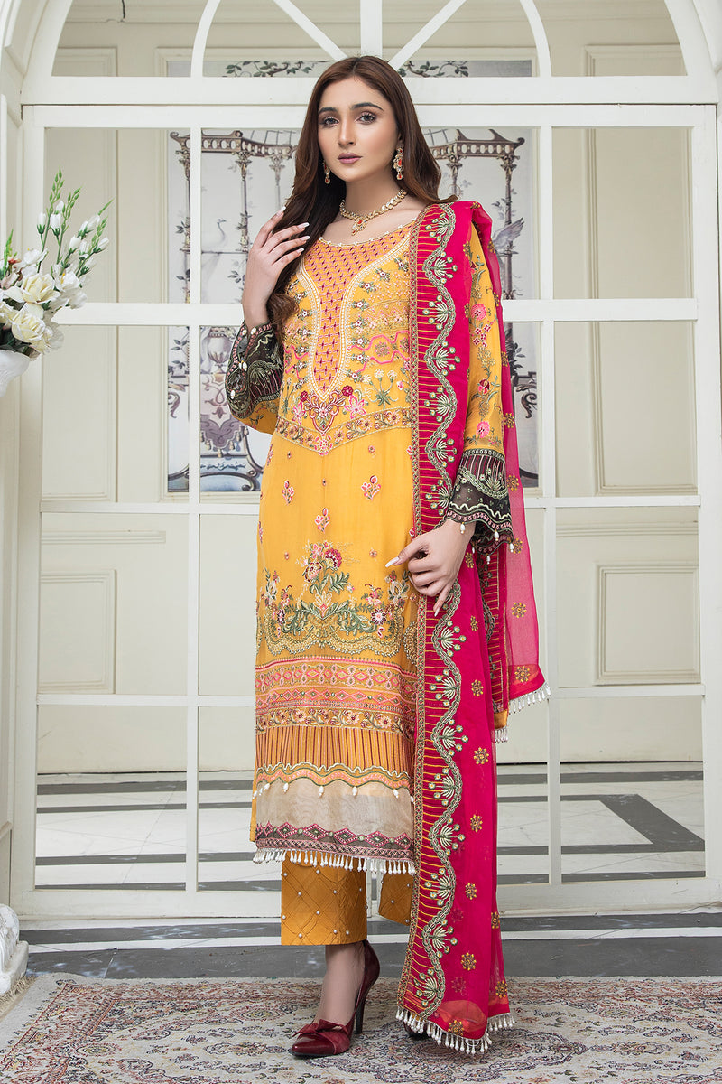 3PC EMBROIDERY CHIFFON SUIT - MUSTARD