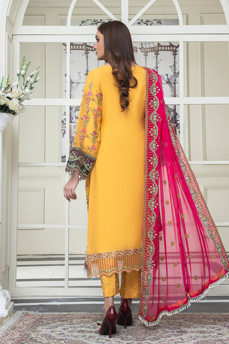 3PC EMBROIDERY CHIFFON SUIT - MUSTARD