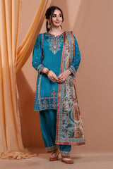 3PC Embroidery Raw Silk Suit - Teal Blue