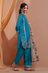 3PC Embroidery Raw Silk Suit - Teal Blue