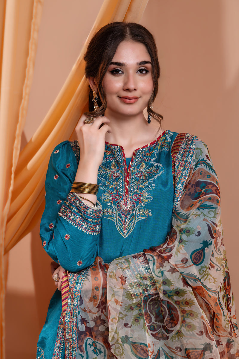 3PC Embroidery Raw Silk Suit - Teal Blue