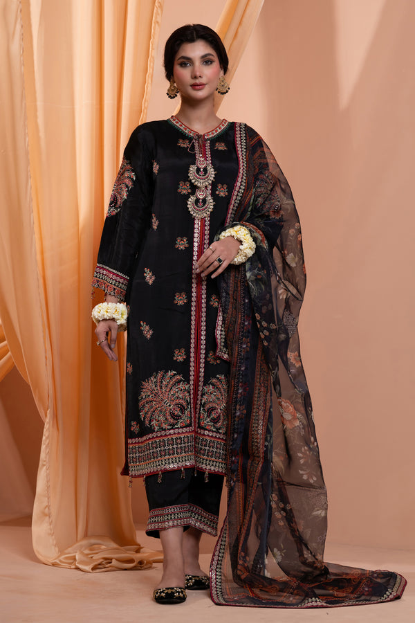 3PC Embroidery Raw Silk Suit - Black