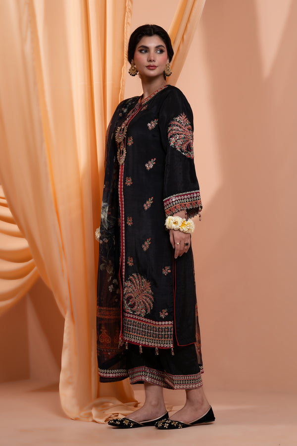 3PC Embroidery Raw Silk Suit - Black