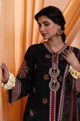 3PC Embroidery Raw Silk Suit - Black