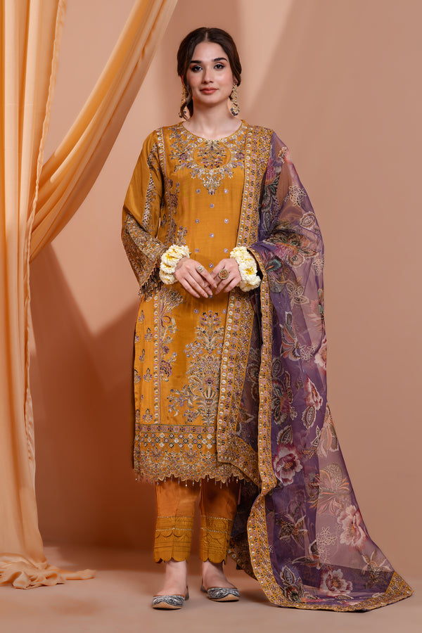 3PC Embroidery Raw Silk Suit - Musturd