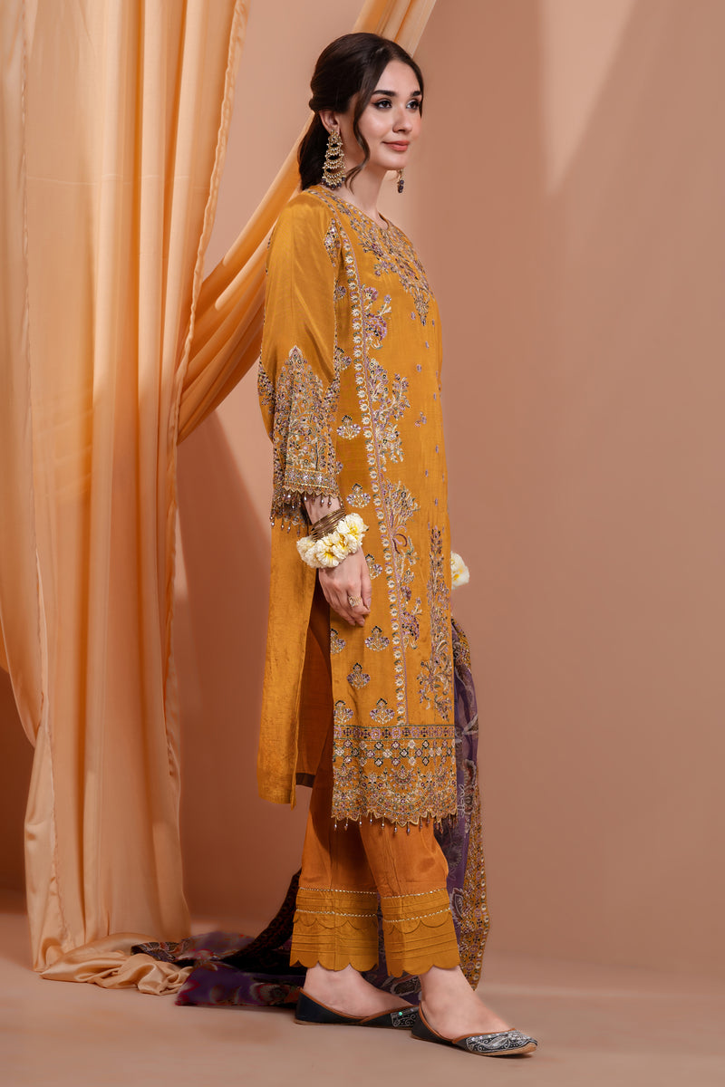 3PC Embroidery Raw Silk Suit - Musturd