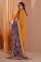 3PC Embroidery Raw Silk Suit - Musturd