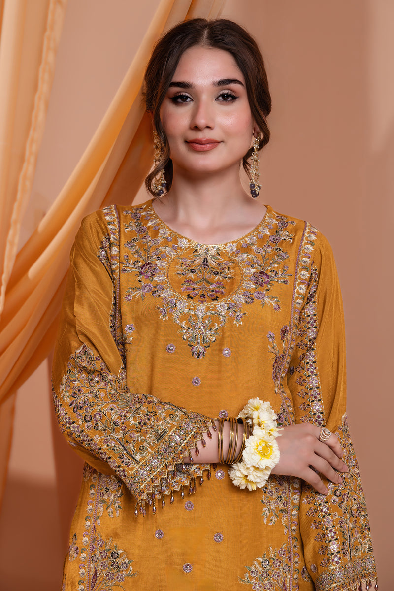 3PC Embroidery Raw Silk Suit - Musturd