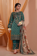 3PC Embroidery Raw Silk Suit - Mehndi Green