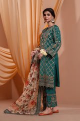 3PC Embroidery Raw Silk Suit - Mehndi Green