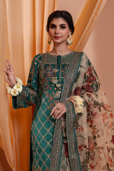 3PC Embroidery Raw Silk Suit - Mehndi Green