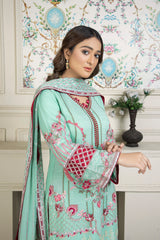 3PC EMBROIDERY CHIFFON SUIT - SEA GREEN