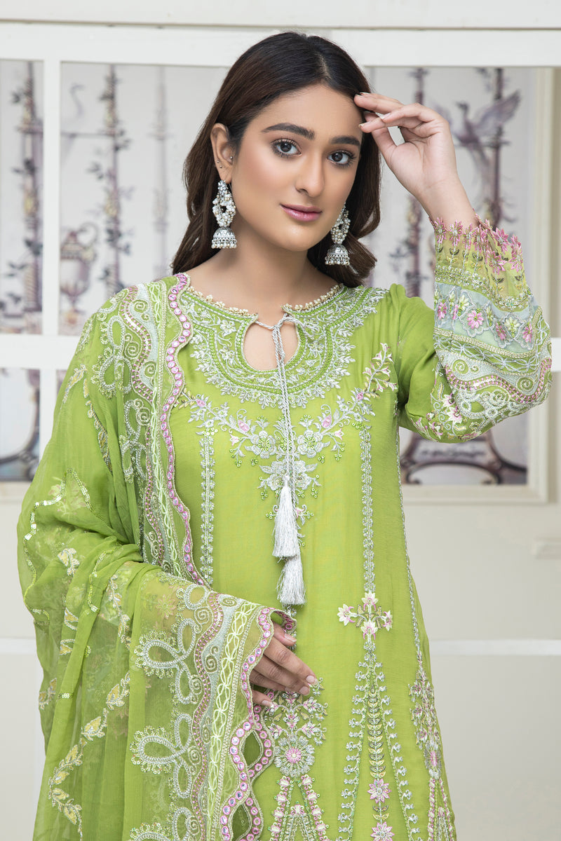 3PC EMBROIDERY CHIFFON SUIT - PARROT GREEN