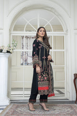 3PC EMBROIDERY CHIFFON SUIT - BLACK