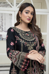 3PC EMBROIDERY CHIFFON SUIT - BLACK