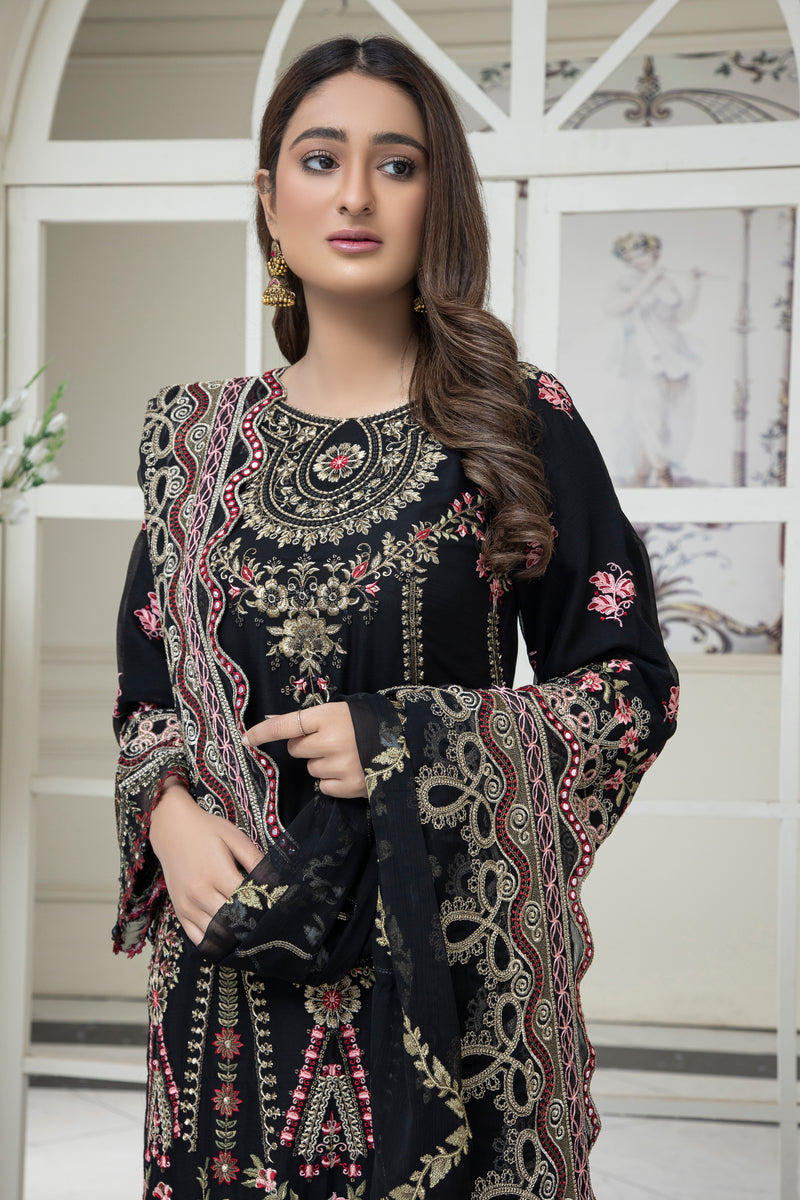 3PC EMBROIDERY CHIFFON SUIT - BLACK