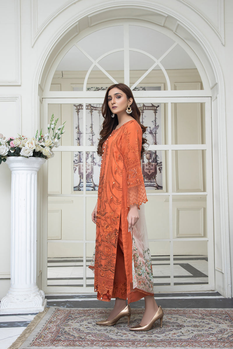 3PC EMBROIDERY CHIFFON SUIT - RUST ORANGE