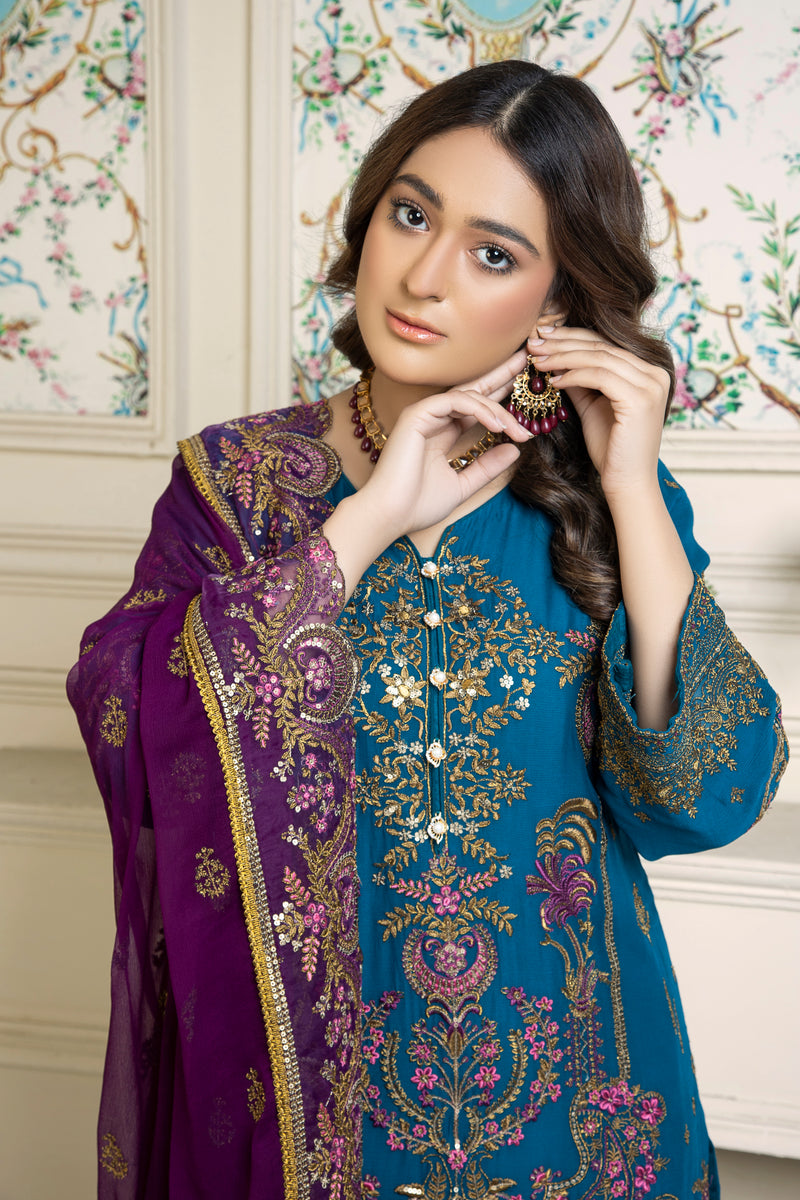 3PC EMBROIDERY CHIFFON SUIT - TEAL