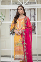 3PC EMBROIDERY CHIFFON SUIT - MUSTARD