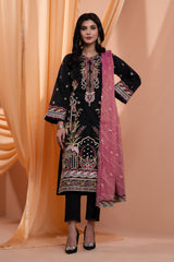 3PC Embroidery Organza Suit - Black