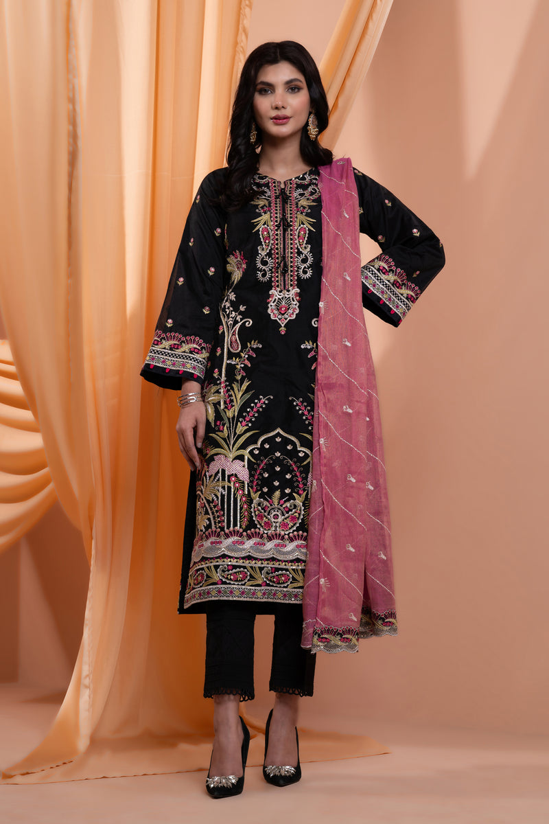 3PC Embroidery Organza Suit - Black