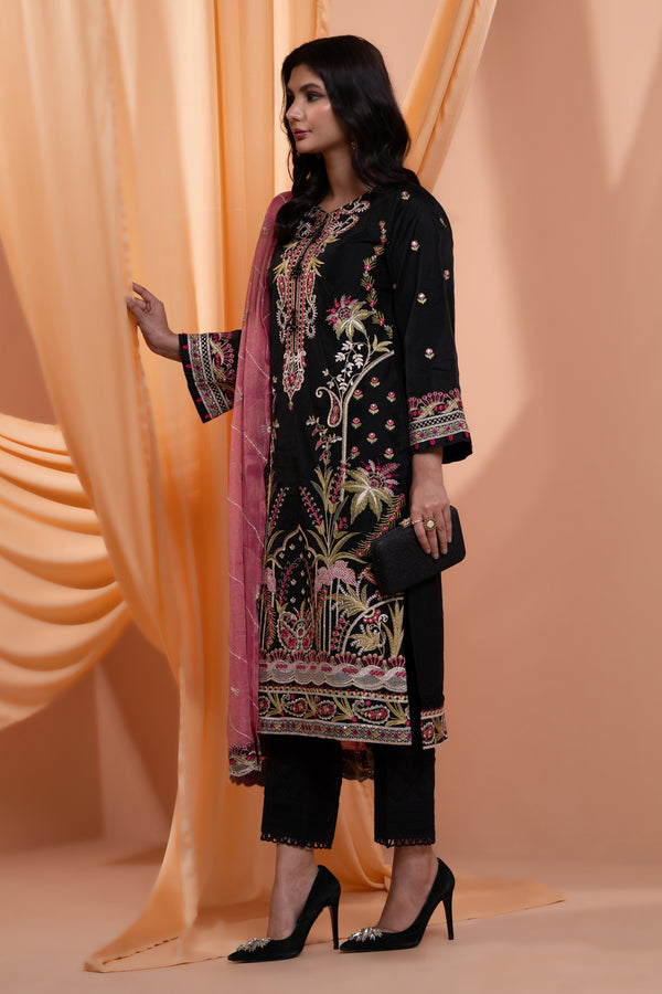 3PC Embroidery Organza Suit - Black