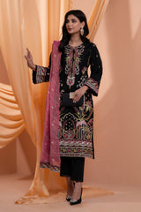 3PC Embroidery Organza Suit - Black