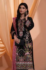 3PC Embroidery Organza Suit - Black