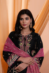 3PC Embroidery Organza Suit - Black