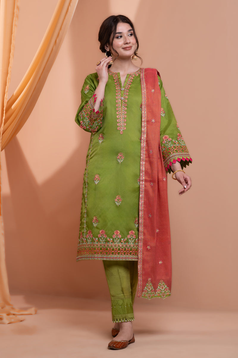 3PC Embroidery Organza Suit - Green