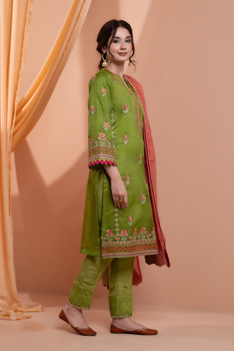 3PC Embroidery Organza Suit - Green