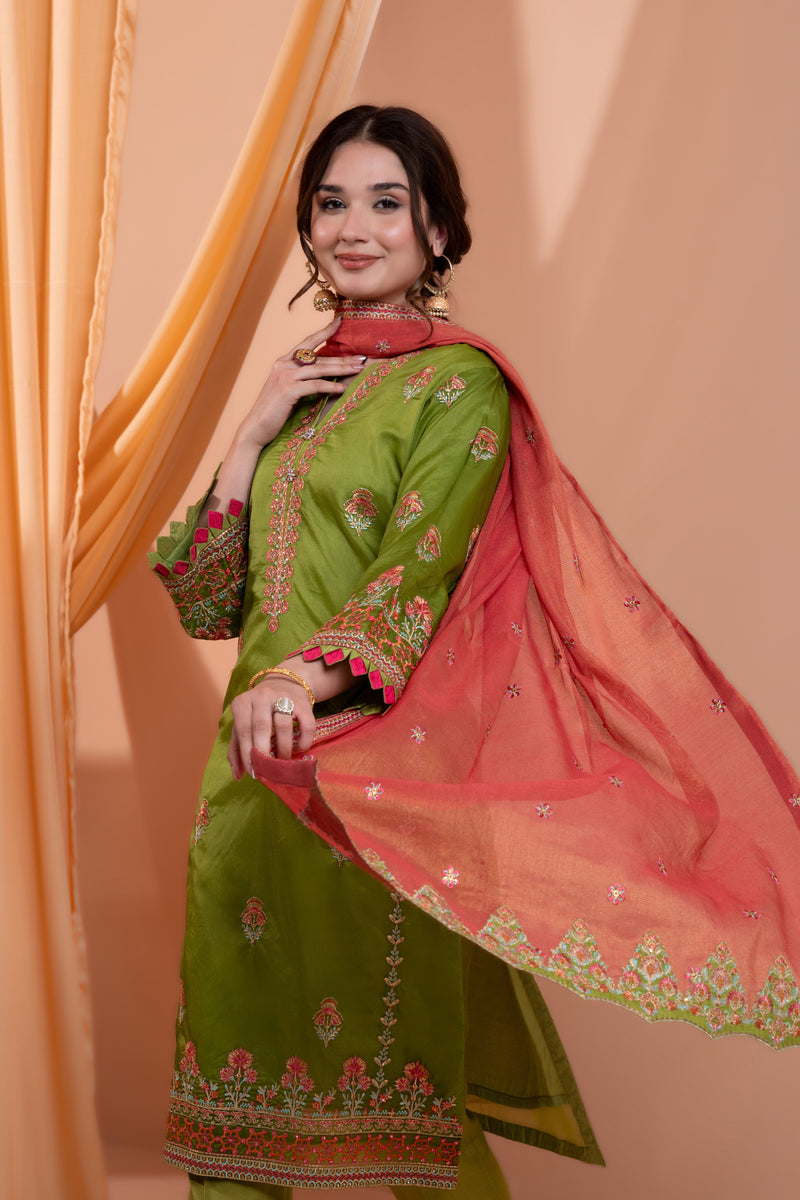 3PC Embroidery Organza Suit - Green