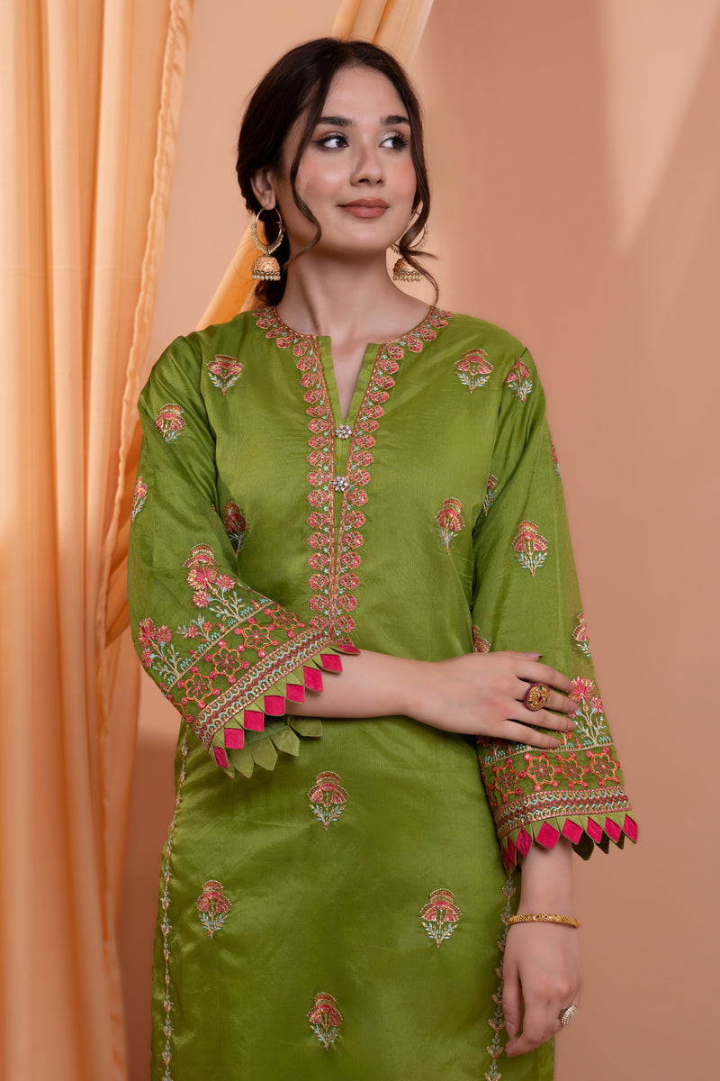 3PC Embroidery Organza Suit - Green