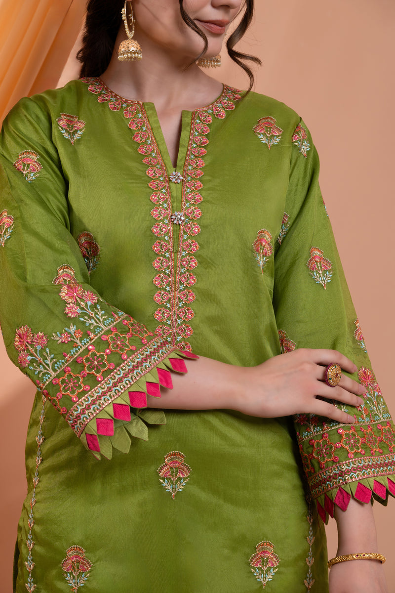 3PC Embroidery Organza Suit - Green