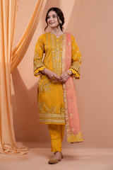 3PC Embroidery Organza Suit - Yellow