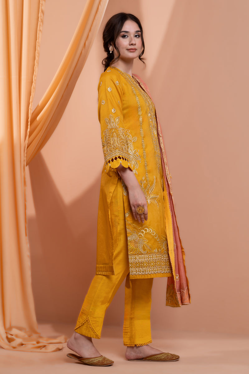 3PC Embroidery Organza Suit - Yellow