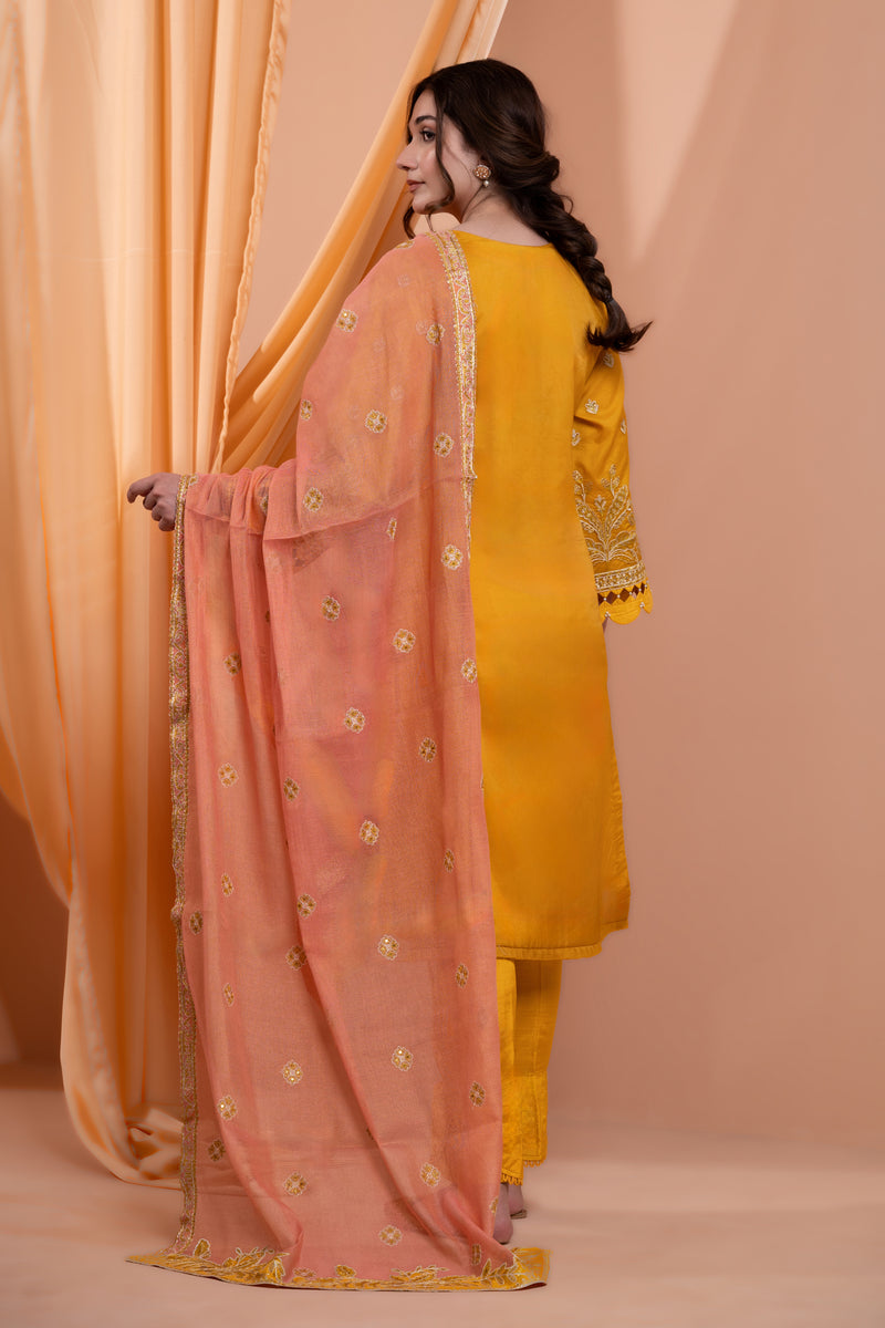 3PC Embroidery Organza Suit - Yellow