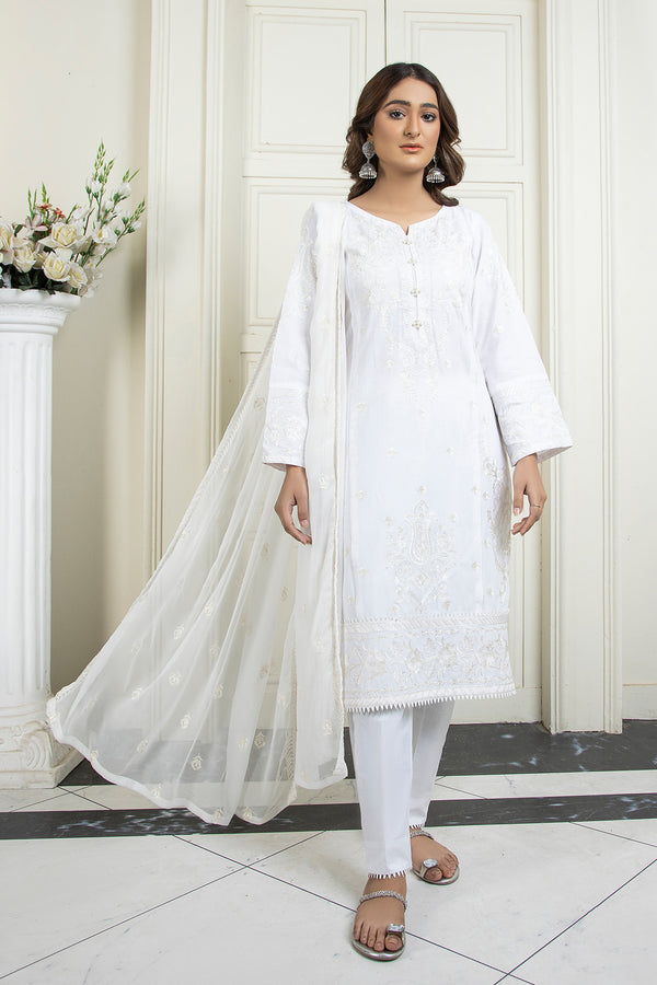 3PC EMBROIDERY DRESS - WHITE