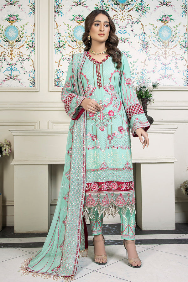 3PC EMBROIDERY CHIFFON SUIT - SEA GREEN