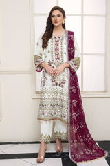 3PC EMBROIDERY CHIFFON SUIT - OFF WHITE