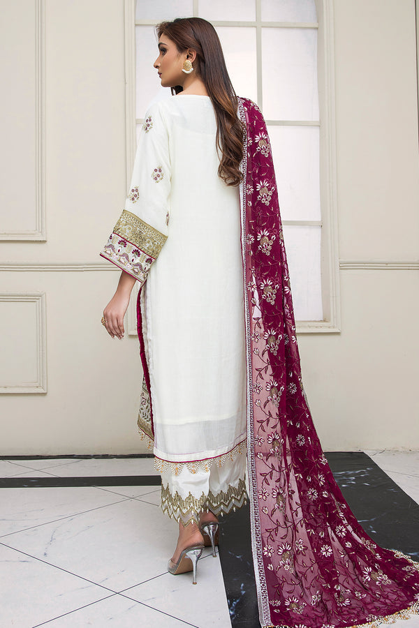 3PC EMBROIDERY CHIFFON SUIT - OFF WHITE