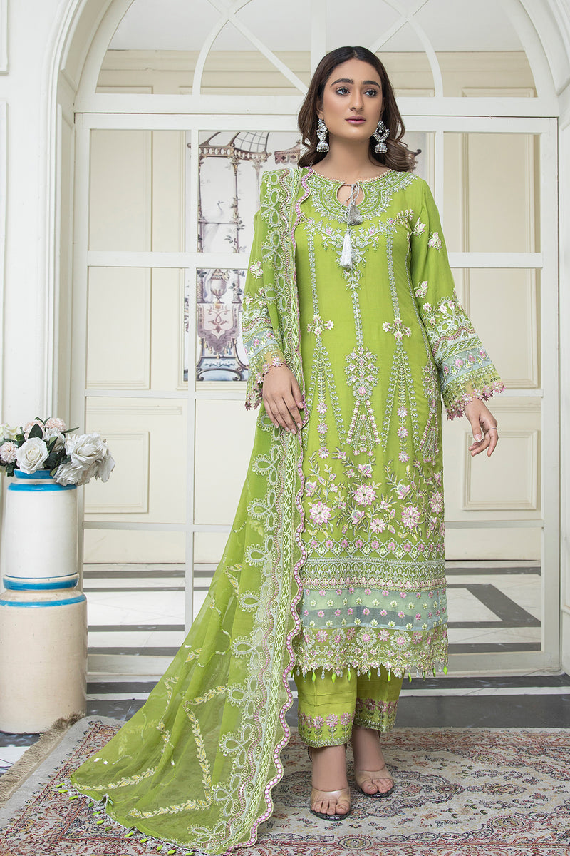 3PC EMBROIDERY CHIFFON SUIT - PARROT GREEN