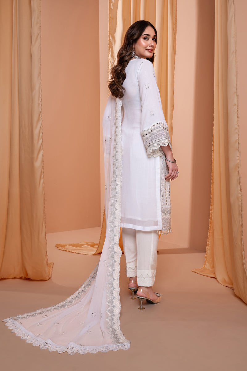 3PC EMBROIDERY CHIFFON SUIT - WHITE