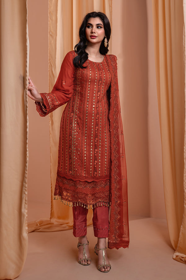 3PC EMBROIDERY CHIFFON SUIT - RUST